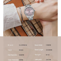 CURREN 9088 Women Luxury Quartz Watch Rhinestone Bezel Roman Numerals Dial Stainless Steel Bracelet Elegant Ladies Wristwatch