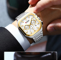 CURREN Men Square Chronograph Watch Black Stainless Steel Band with 3 Sub-Dials Casual Business Quartz Wristwatch Luminous Hands