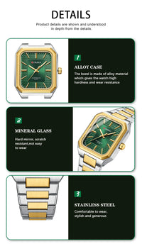 CURREN NEW Stainless Steel Strap Vintage Rectangle Dial Quartz Watches for Men Luminous Hands Waterproof