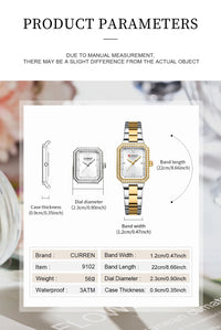 CURREN Luxurious Elegant Women's Watches Classic Rectangular Dial with Rhinestones Luminous Hands Waterproof