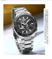 CURREN Skeleton Hollow Dial Automatic Mechanical Watch for Men 42mm Stainless Steel Band Business Sport Wristwatch with Luminous