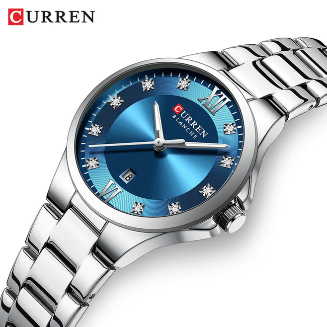 CURREN 9107 Stylish Rhinestone-embellished Ladies' Quartz Watch, Waterproof Stainless Steel Strap Wristwatch with Calendar