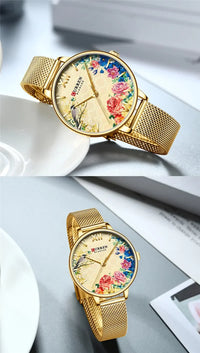 CURREN Women Watch Top Brand Luxury Gold Female Waterproof Clock Mesh Stainless Steel Bracelet Flower Ladies Wristwatch 9059