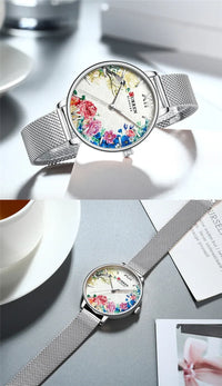 CURREN Women Watch Top Brand Luxury Gold Female Waterproof Clock Mesh Stainless Steel Bracelet Flower Ladies Wristwatch 9059