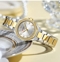 CURREN Luxury Elegance Watch for Women Simple Quartz Wristwatches with Sparkling Rhinestones Stainless Steel Bracelet Waterproof