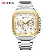CURREN Men Square Chronograph Watch Black Stainless Steel Band with 3 Sub-Dials Casual Business Quartz Wristwatch Luminous Hands