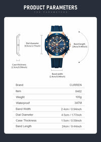 CURREN 8462 Top Luxury Quartz Men's Watch Silicone Strap Multifunctional Timing Code Classic Luminous Waterproof Men's Watch