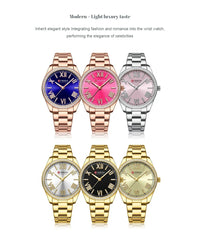 CURREN 9088 Women Luxury Quartz Watch Rhinestone Bezel Roman Numerals Dial Stainless Steel Bracelet Elegant Ladies Wristwatch
