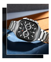 CURREN Men Square Chronograph Watch Black Stainless Steel Band with 3 Sub-Dials Casual Business Quartz Wristwatch Luminous Hands