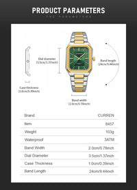CURREN 8457 Business Minimalist Quartz Watch Waterproof Square Stainless Steel Strap Wristwatch with Luminous Function