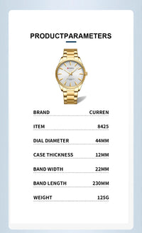 CURREN 8425 Neutral Round Baton-marked Stainless Steel Watch, Water-resistant Business Men's Wristwatch