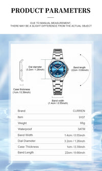 CURREN Luxury Brand Wristwatches for Women Stainless Steel Band with Elegance Dial Luminous Hands Waterproof Watch