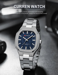 CURREN Luxury Business Square Quartz Watches  Classic Stripe Design Dial with Stainless Steel Band Wristwatch for Men