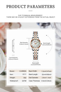 CURREN Elegant Fashion Women's Watches Luxury Brand Original Quartz Watch for Ladies Waterproof Stainless Steel Clock