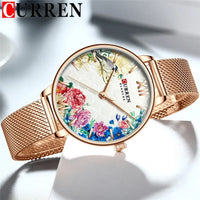 CURREN Women Watch Top Brand Luxury Gold Female Waterproof Clock Mesh Stainless Steel Bracelet Flower Ladies Wristwatch 9059