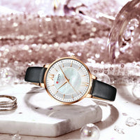 CURREN 9080 Small Dial Quartz Watch for Ladies, Waterproof Ultra-thin Shell Dial Leather Strap Wristwatch