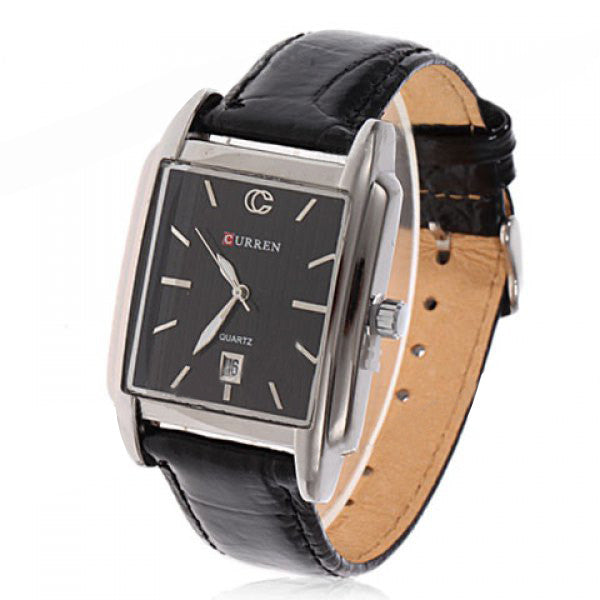 Men's Black Square Curren Leather Watch  (Black 4cm Dial) - 8097 - CUR114