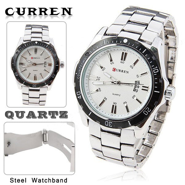 Curren Quartz Men's Stainless Steel Watch with Black Accent  (White 5.2cm Dial) - CUR095