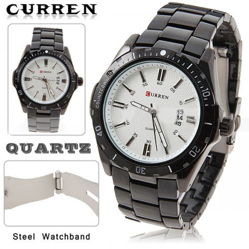 Curren Quartz Men's Black Stainless Steel Waterproof Watch (White 4.4cm Dial) - CUR083