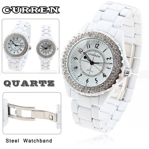 Curren Quartz Women's White Stainless Steel Waterproof Rhinestone Watch (White 3.2cm Dial) - CUR085