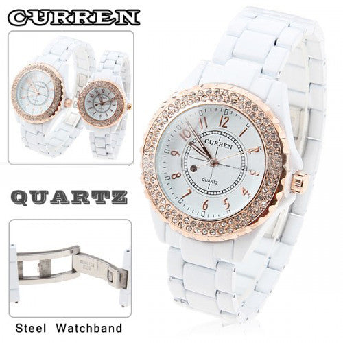 Curren Men's White Stainless Steel Waterproof Watch with Rhinestone Accents (White 4.5cm Dial) - CUR053
