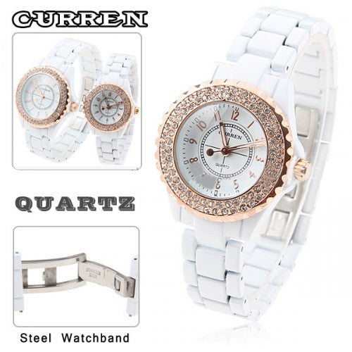 Curren Women's White Stainless Steel Waterproof Watch with Rhinestone Accents (White 3.2cm Dial) - CUR054