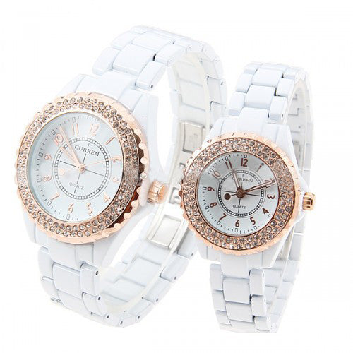Curren Lovers' White Stainless Steel Waterproof Watch Set with Rhinestone Accents - CUR055