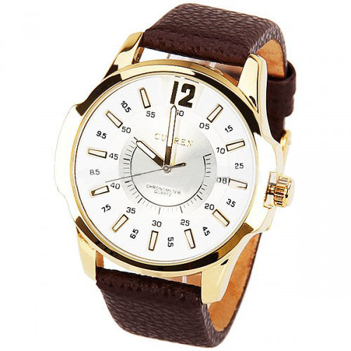 Curren Men's Watch and Brown Leather Band (White 4.8cm Dial) - CUR035