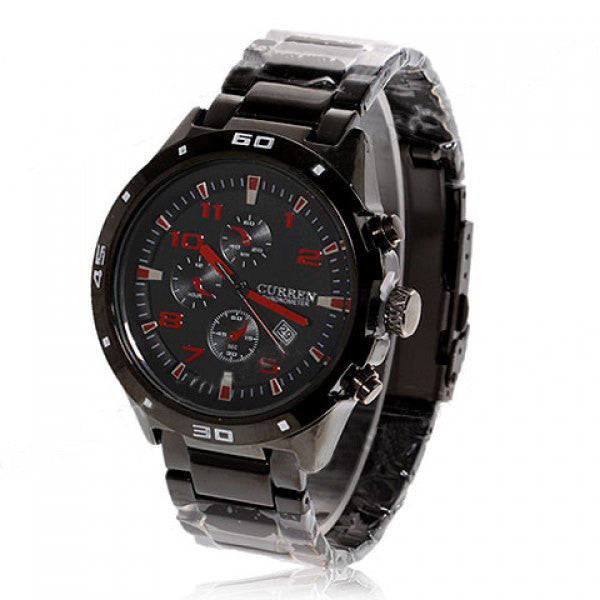 Curren Quartz Men's  Black Stainless Steel Waterproof Chronograph with Red Accents (Black 4.5cm Dial) - CUR101